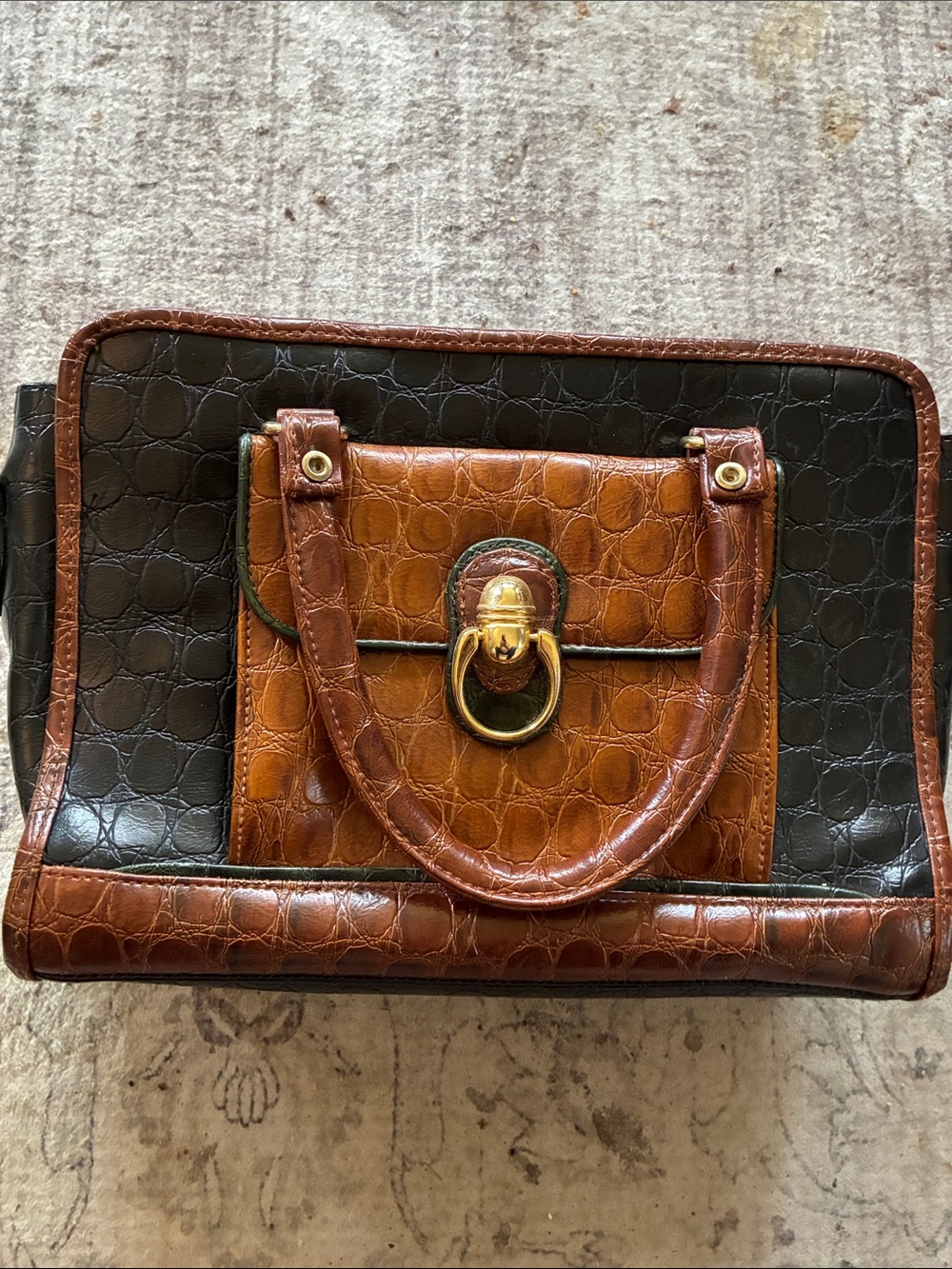 JACKSON Vintage 70s Brown and Black Croc-Embossed Top-Handle Satchel